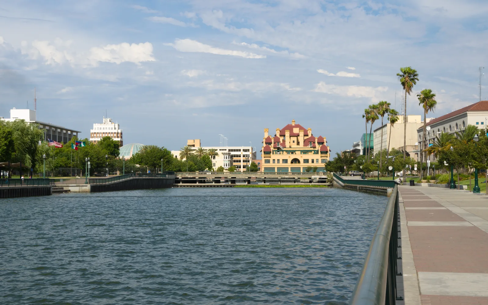 Downtown California city street with historic architecture and civic buildings along waterfront